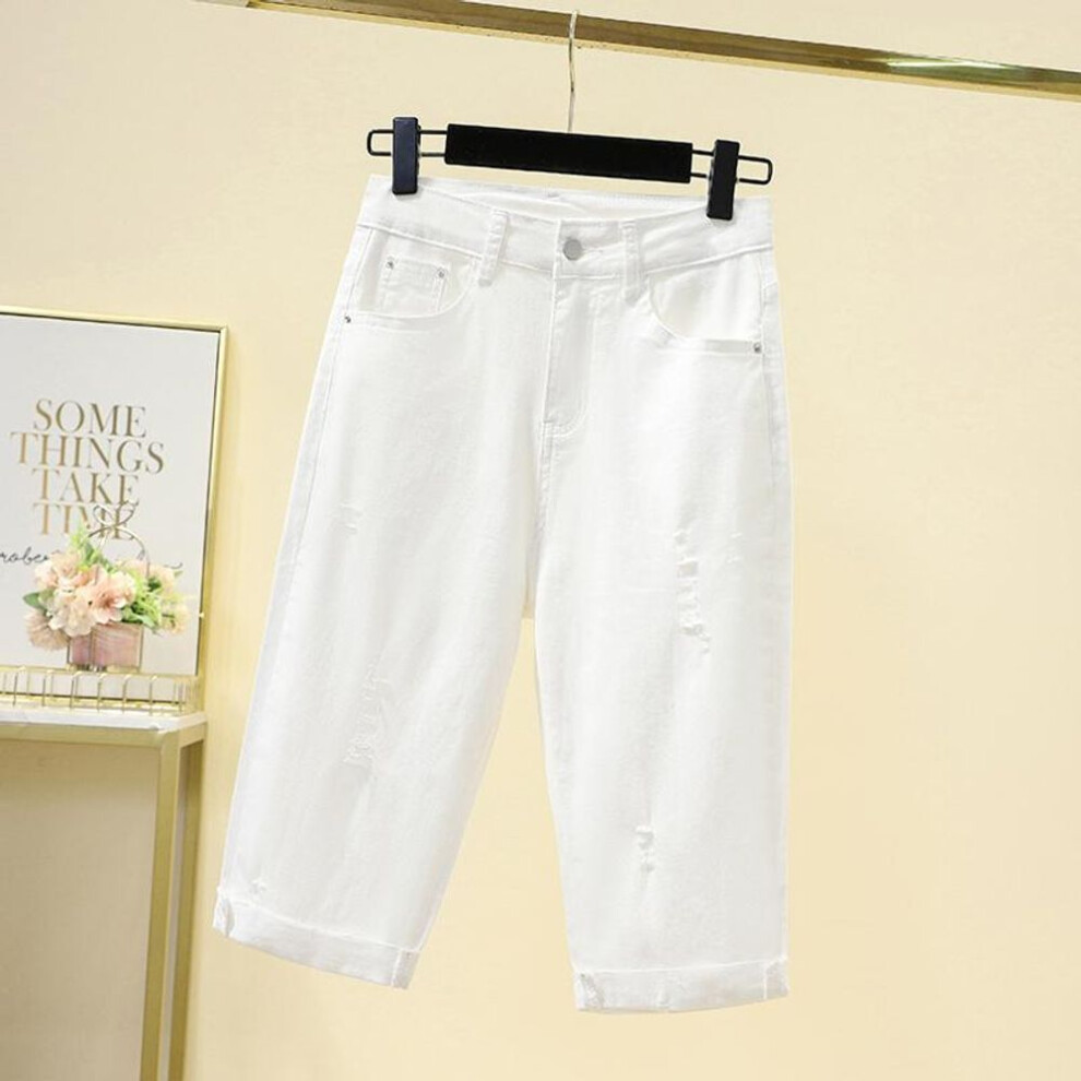 (white, XL) Dimanaf Plus Size Jeans Shorts Pants Women Oversize Loose Casual Cotton Denim Elastic Casual Pants Fashion Hole