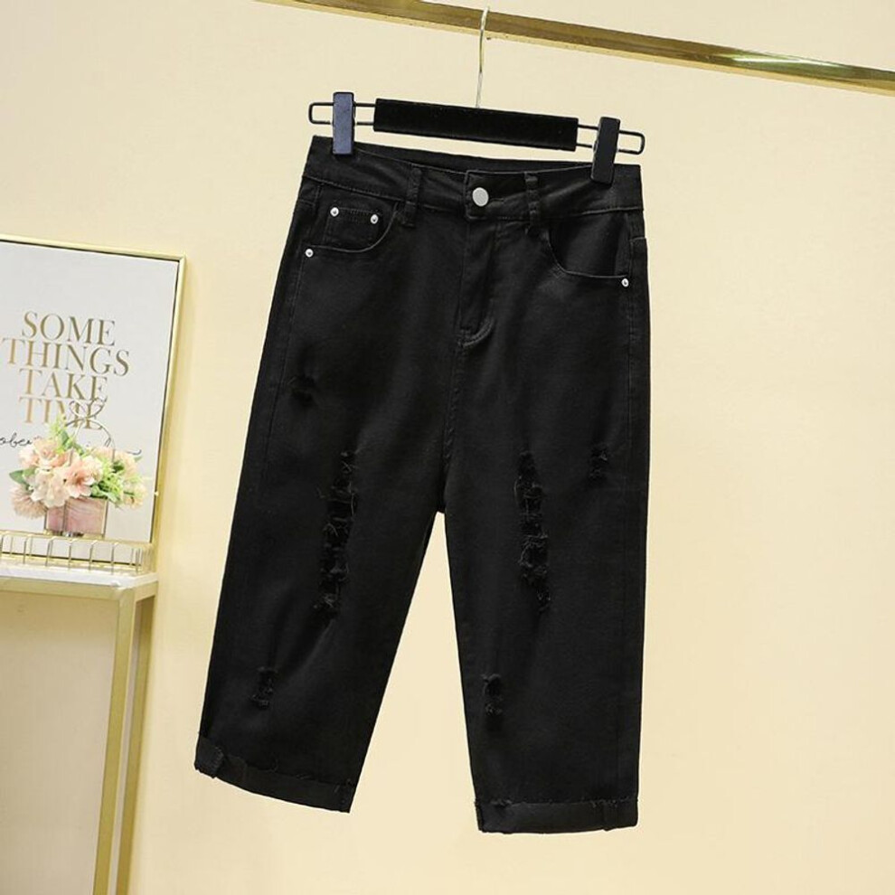 (black, 4XL) Dimanaf Plus Size Jeans Shorts Pants Women Oversize Loose Casual Cotton Denim Elastic Casual Pants Fashion Hole