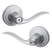 Kwikset Tustin Interior Privacy Door Handle with Lock Door Lever For Bathroom and Bedroom Satin Chrome Reversible Keyless Turn Lock