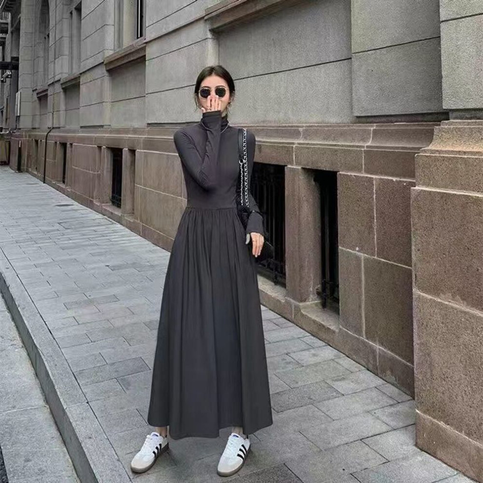 (dark gray, S) Temperament Women&apos;s High-grade Dress Hepburn Style Turtleneck Dress For Women Autumn And Winter Over Knee Bottomed Long Skirt With Skirt Undernea