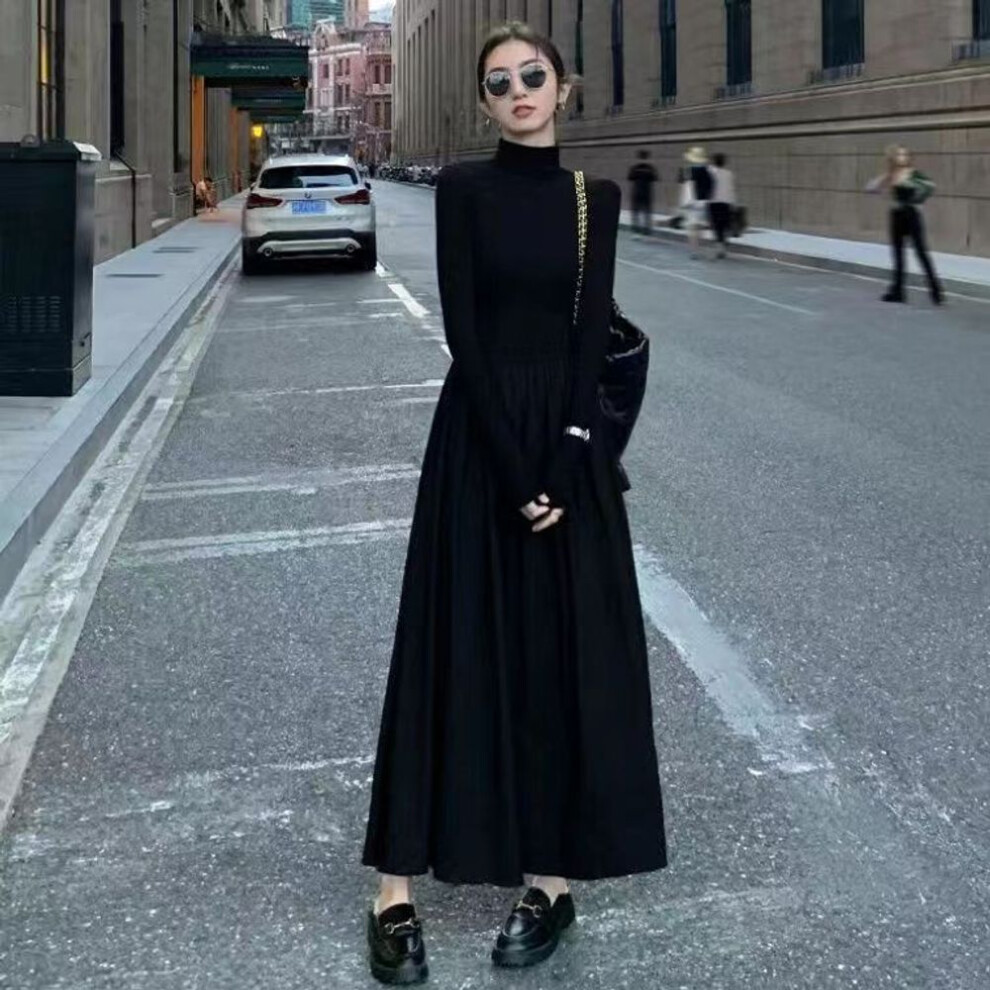 (black, M) Temperament Women&apos;s High-grade Dress Hepburn Style Turtleneck Dress For Women Autumn And Winter Over Knee Bottomed Long Skirt With Skirt Undernea