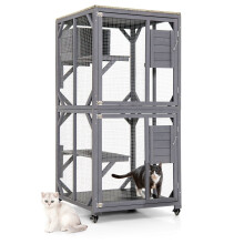 Wooden Cat House on Wheels with Asphalt Roof - Outdoor Enclosure, 2 Platforms, Braked Casters, Ventilated Iron Mesh