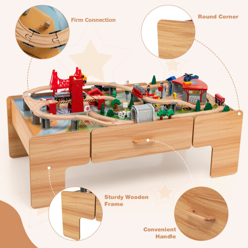 Costway 100Piece Train Set Table Multipurpose Wooden Kids Activity Table-Natural 2