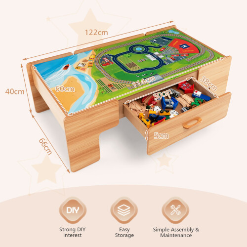 Costway 100Piece Train Set Table Multipurpose Wooden Kids Activity Table-Natural 1