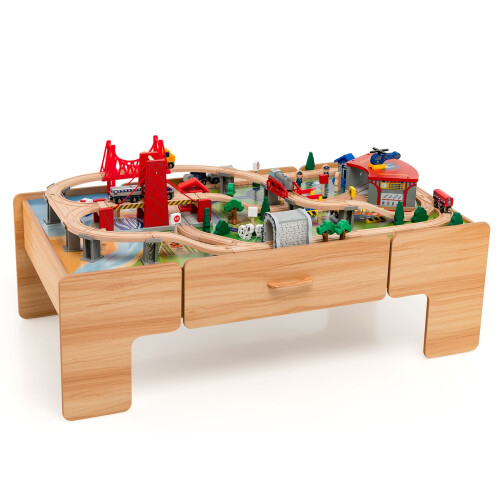 Costway 100Piece Train Set Table Multipurpose Wooden Kids Activity Table-Natural