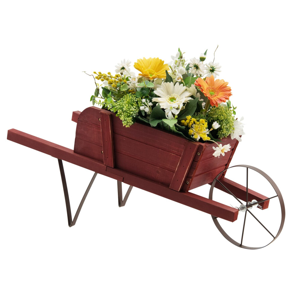 Wooden Wagon Planter Indoor Wheelbarrow Wagon Flower Planter Stand-Red