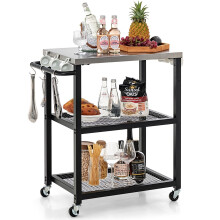 3-tier Outdoor Grill Cart on Wheels Pizza Oven Stand Trolley Stainless Steel Top
