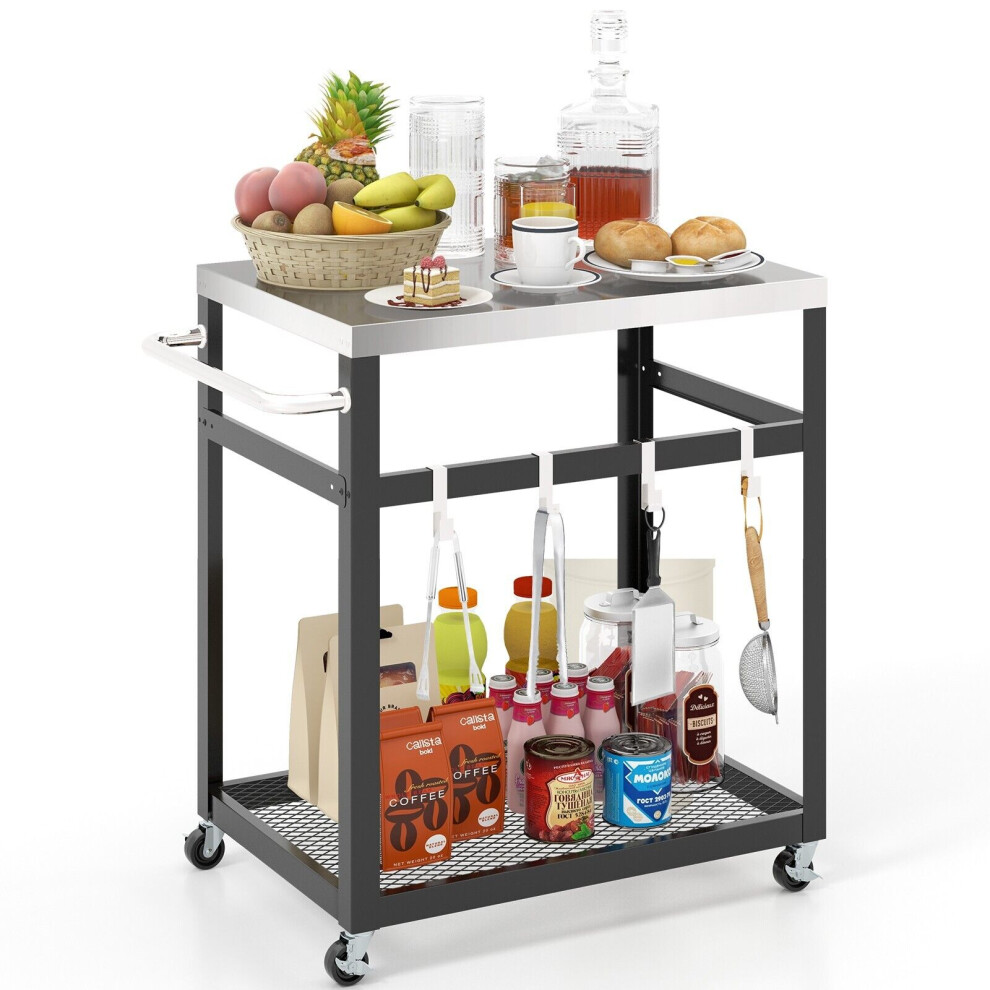 2-tier Outdoor Grill Cart on Wheels Pizza Oven Stand Trolley Stainless Steel Top