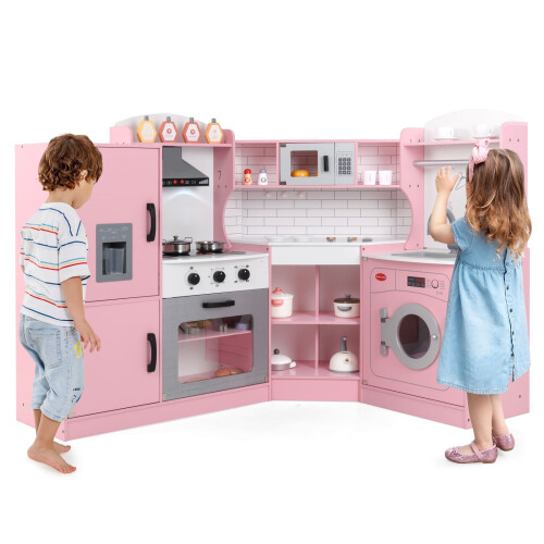Costway Corner Play Kitchen Toddler Kitchen Playset With Range Hood-Pink