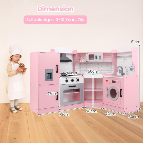 Costway Corner Play Kitchen Toddler Kitchen Playset With Range Hood-Pink 1