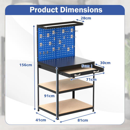 Costway 81 x 41 CM Workbench 290KG Heavy-Duty Work Table With 2 PCS Pegboard-Navy 1