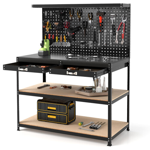 Costway 121 x 61 CM Workbench Heavy-Duty Work Table With 3 PCS Pegboard-Black