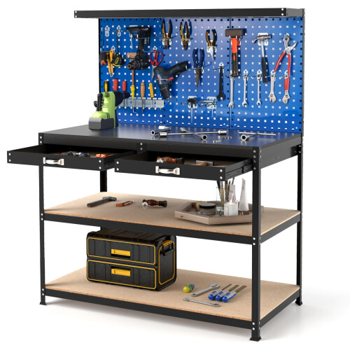 Costway 121 x 61 CM Workbench Heavy-Duty Work Table With 3 PCS Pegboard-Navy