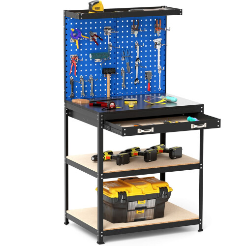 Costway 81 x 41 CM Workbench 290KG Heavy-Duty Work Table With 2 PCS Pegboard-Navy
