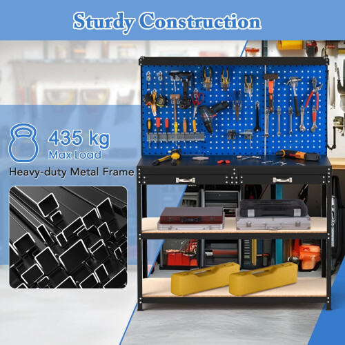 Costway 121 x 61 CM Workbench Heavy-Duty Work Table With 3 PCS Pegboard-Navy 2