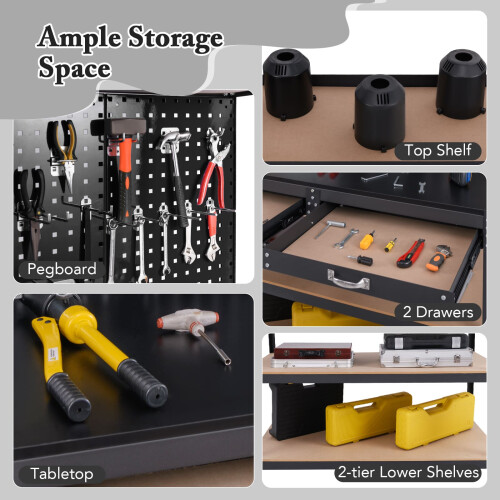 Costway 121 x 61 CM Workbench Heavy-Duty Work Table With 3 PCS Pegboard-Black 1