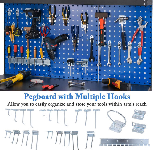 Costway 121 x 61 CM Workbench Heavy-Duty Work Table With 3 PCS Pegboard-Navy 1