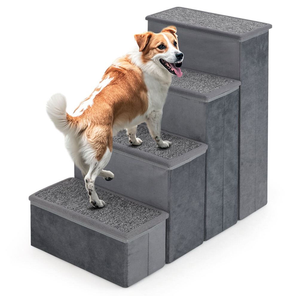 Costway 4-Step Dog Stairs Non-Slip Foldable Dog Ramp With Adjustable Steps- Grey