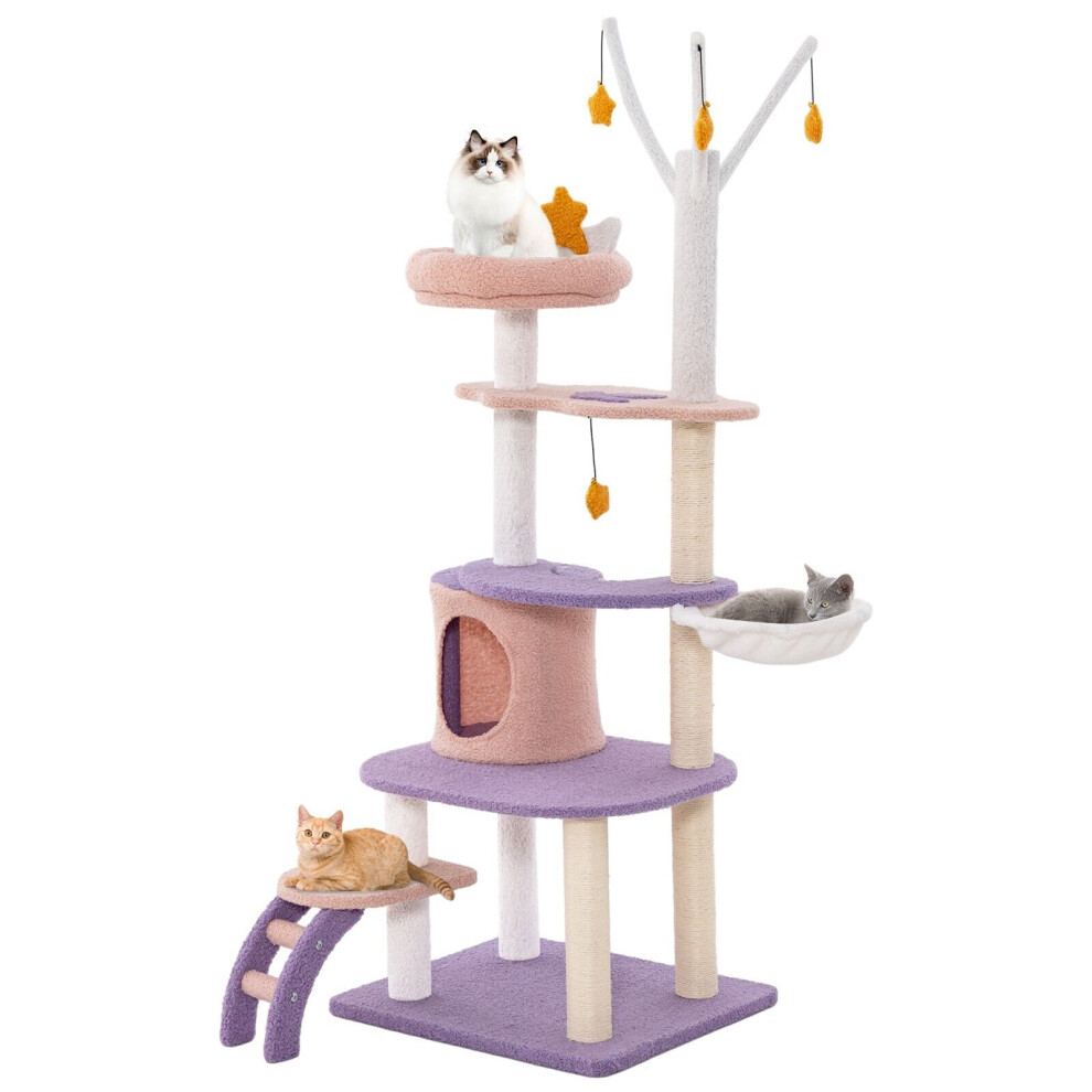 Cute Purple Cat Tree 62” Multi-level Cat Tower Tall Kitty House With Ladder