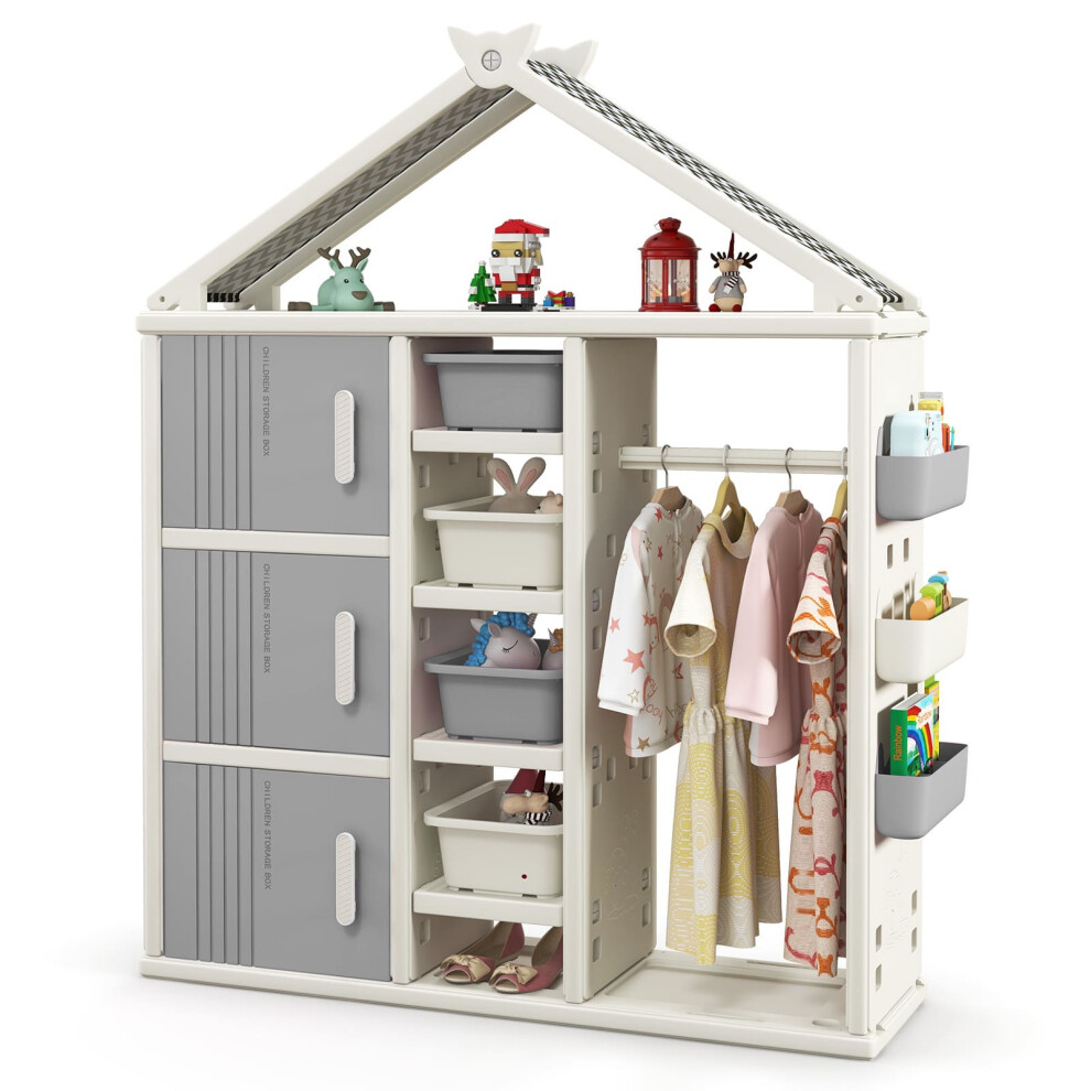 Costway Kids Costume Storage Closet Children Pretend Dresser Armoire Closet- Grey