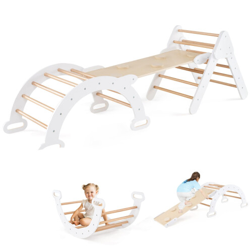 Costway 3-In-1 Kids Climbing Triangle Set Wooden Triangle Climber Set-White