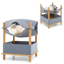 2-Tier Wooden Cat House Modern Cat Tree With Semi-enclosed Condo-Grey