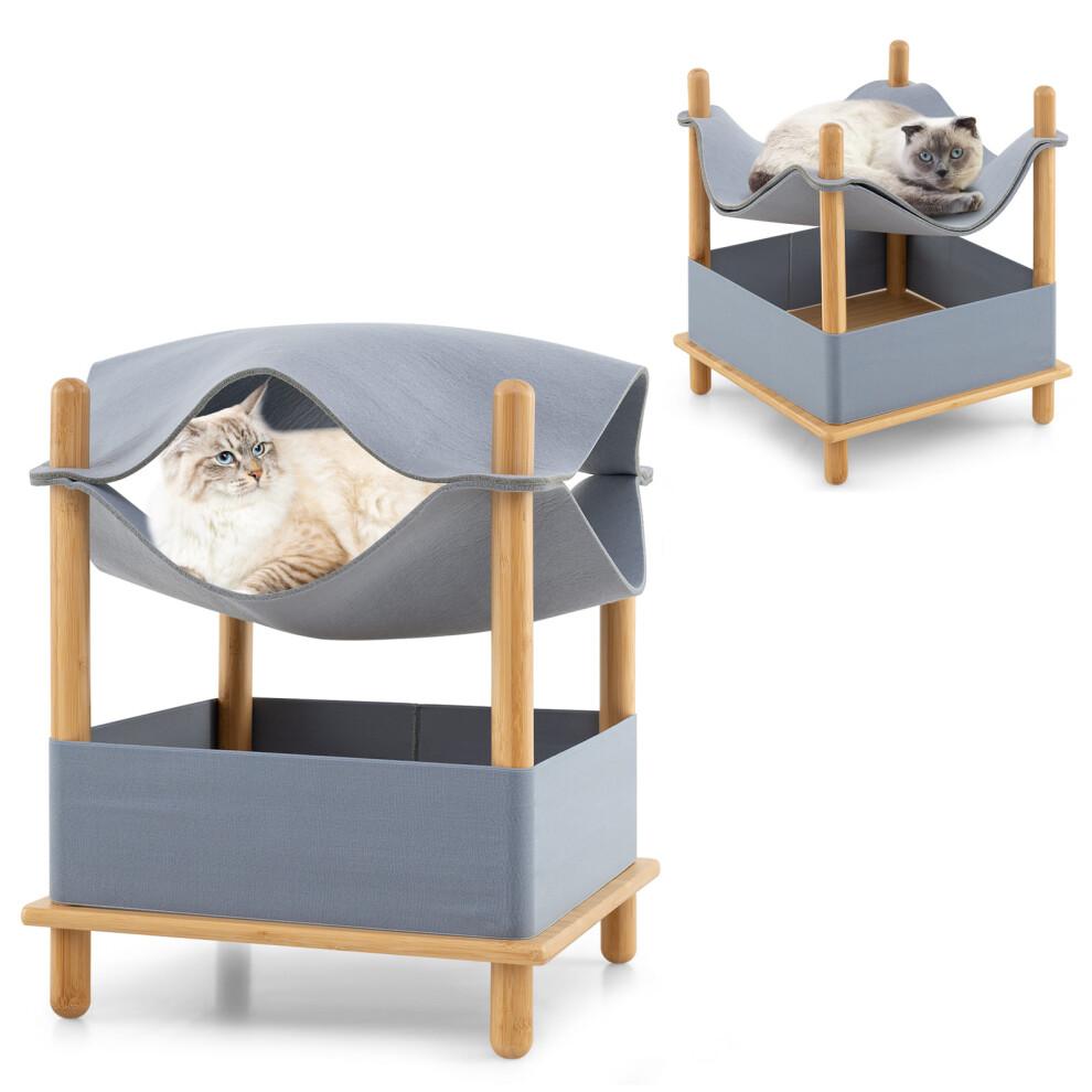 2-Tier Wooden Cat House Modern Cat Tree With Semi-enclosed Condo-Grey