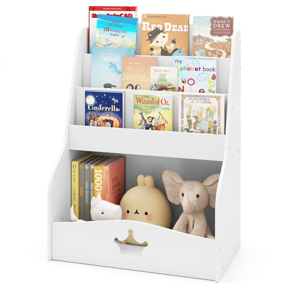Kids Bookshelf Montessori Bookshelf With 3 Shelves & Open Compartment White