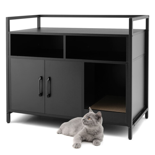 Costway Cat Litter Box Enclosure Hidden Cat Washroom With Double Doors-Black