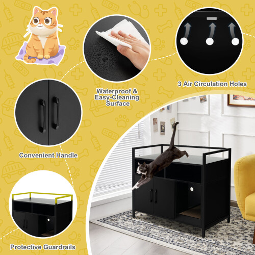 Costway Cat Litter Box Enclosure Hidden Cat Washroom With Double Doors-Black 2