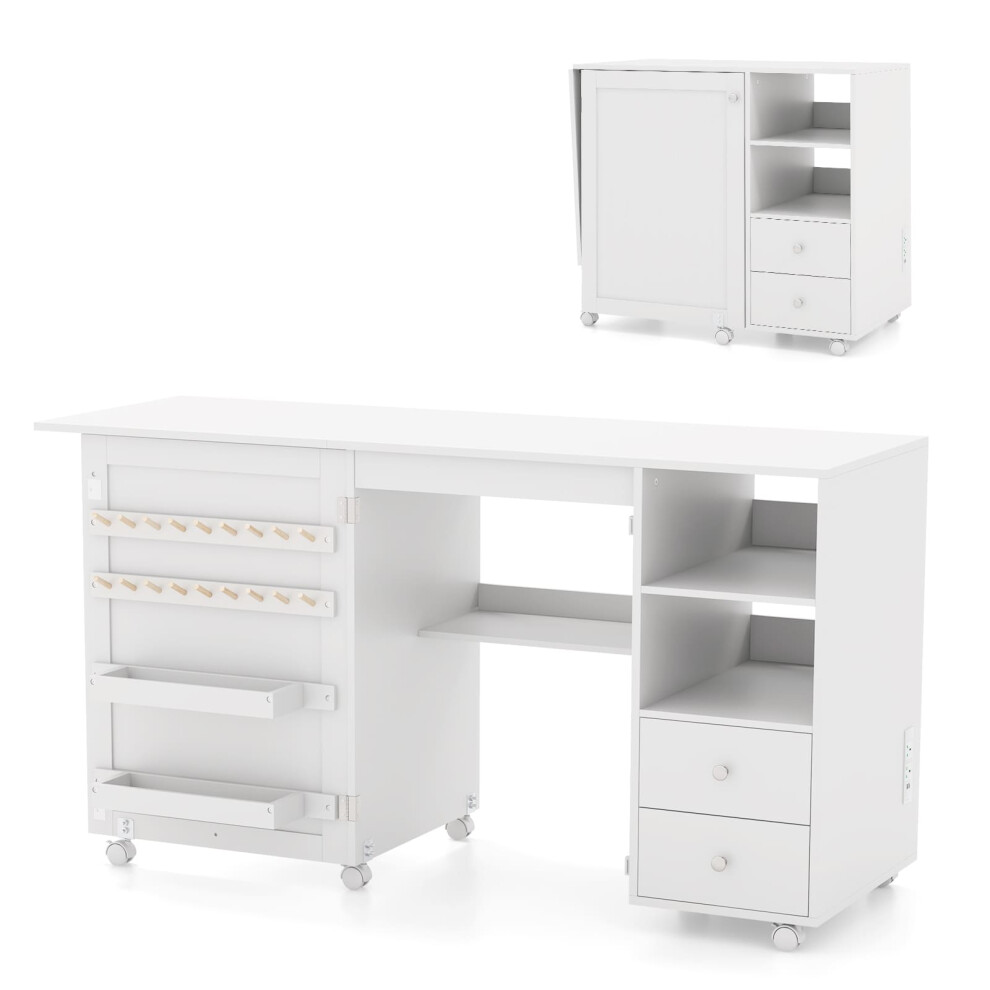 Folding Sewing Table With Charging Station Sewing Machine Cart Table-White