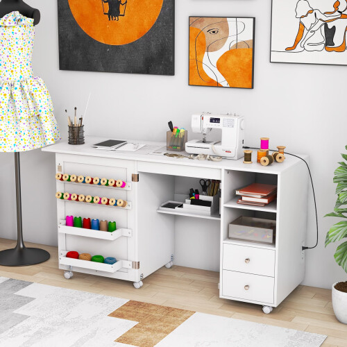 Costway Folding Sewing Table With Charging Station Sewing Machine Cart Table-White 1