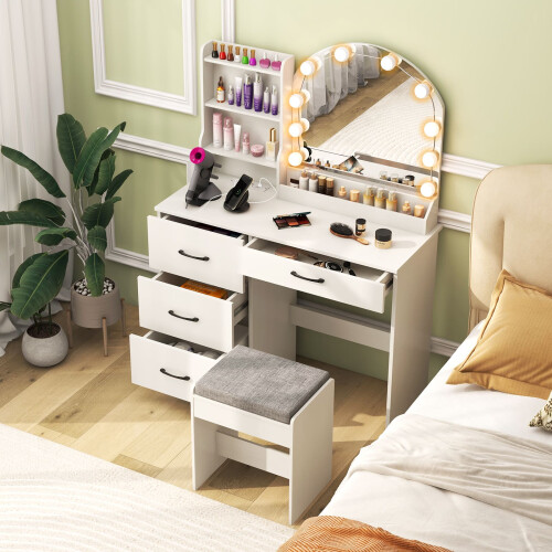 Costway Makeup Vanity Desk Dressing Table and Stool Set With Charging Station 2