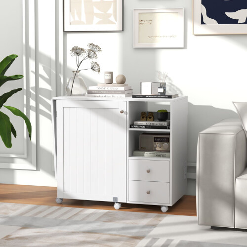 Costway Folding Sewing Table With Charging Station Sewing Machine Cart Table-White 2