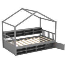 Single Size House Bed Wooden Platform Bed Frame With Roof-Grey