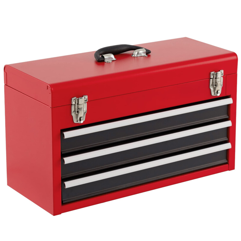 Portable Steel Tool Box Toolbox With 3 Drawers & Top Tray-Red+Black