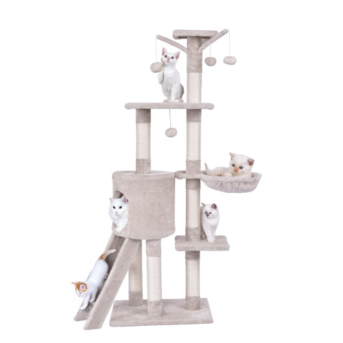 Costway 140cm Tall Cat Tree Multi-Layer Cat Tower With Sisal Scratching Posts-Beige