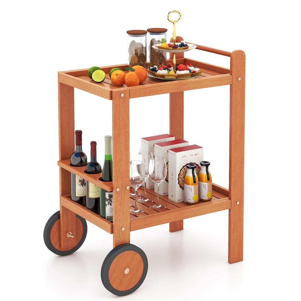 Wood Bar Cart 2 Tier Rolling Serving Cart With Wine Bottle Holders