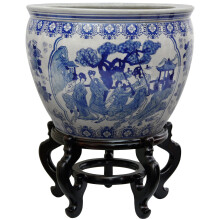 Oriental Furniture 12-tums blå och vit porslinsfiskskål - Traditionell kinesisk glaserad kruka, för golv- eller ställvisning