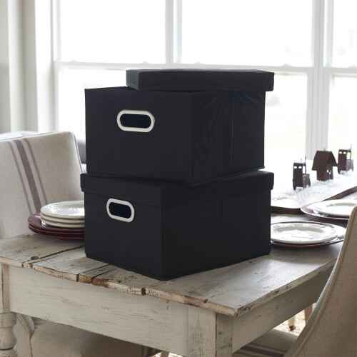 Household Essentials Fabric Storage Boxes with Lids and Handles, Black 1