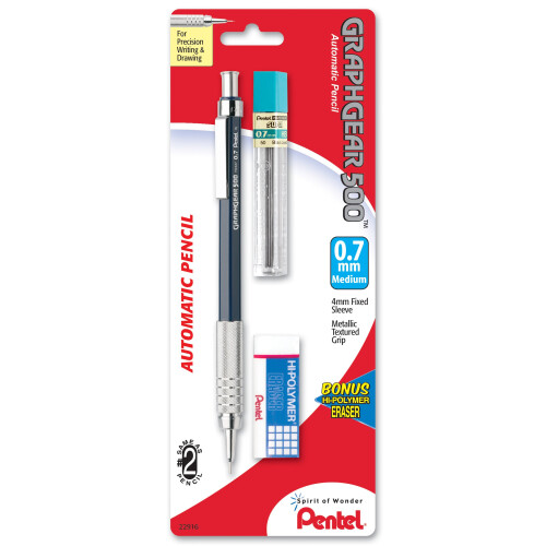 Pentel Pentel Drafting Kit with Graph Gear 500 Automatic Drafting Pencil  0.7mm  Blue Barrel  Lead and Mini Eraser (PG527LEBP)