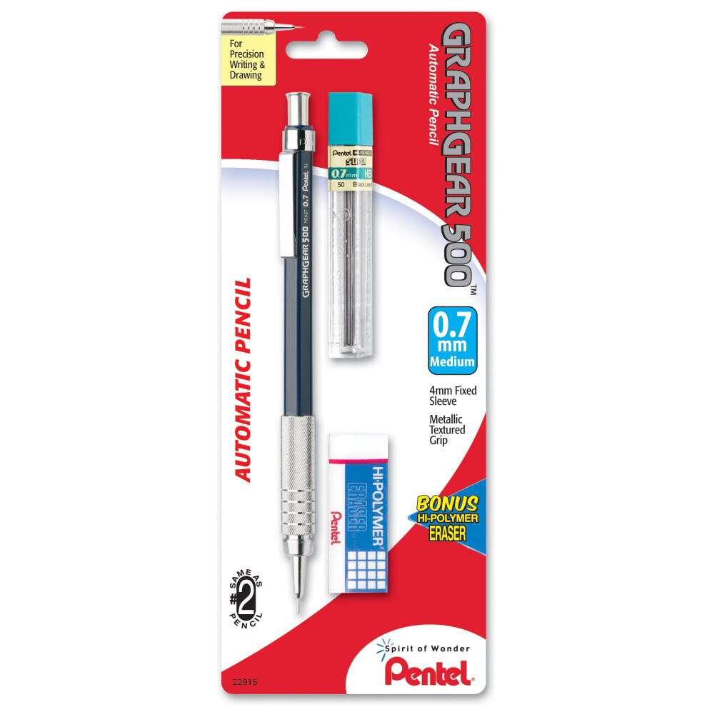Pentel Drafting Kit With Graph Gear 500 Automatic Drafting Pencil 0.7Mm Barrel Lead And Mini Eraser (Pg527lebp) Blue