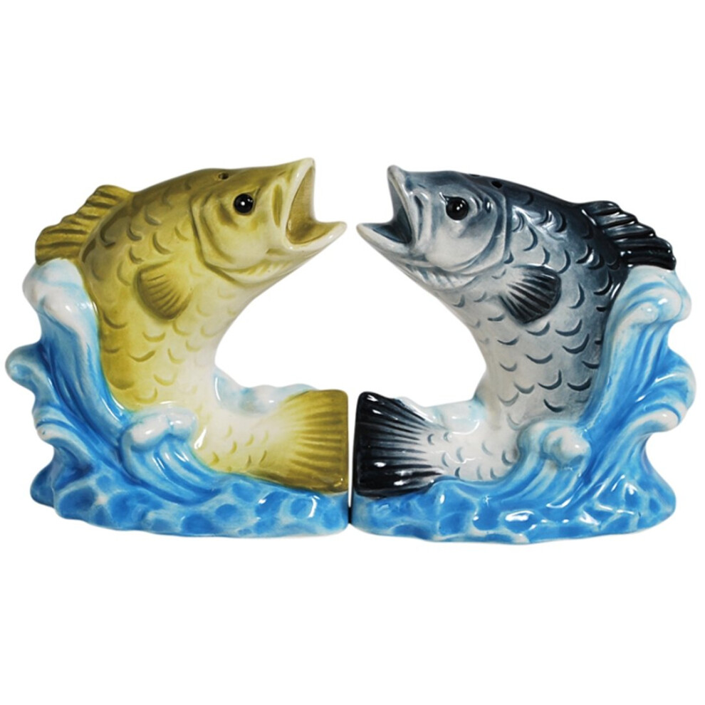 Westland giftware Magnetic ceramic Salt and Pepper Shaker Set, 35-Inch, Mwah Bass Splash, Set of 2