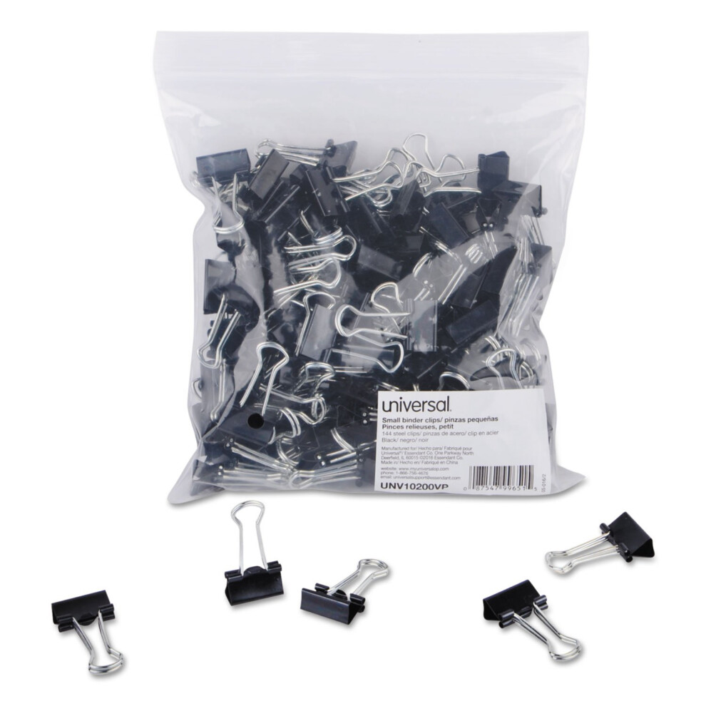 Universal 10200VP Small Binder Clips  Zip-Seal Bag  3/8-Inch Capacity  3/4-Inch Wide  Black  144/Bag
