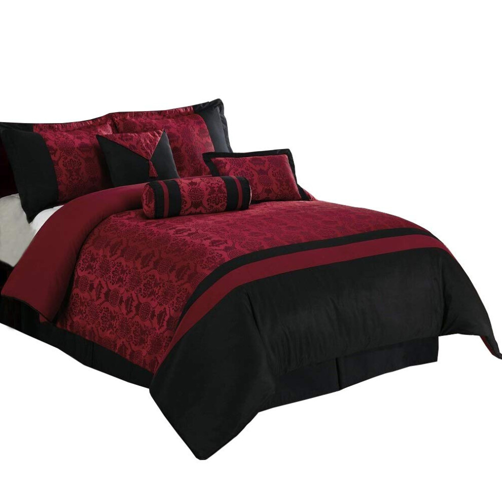 chezmoi collection Dynasty Jacquard 7-Piece comforter Set BlackRed (Queen)