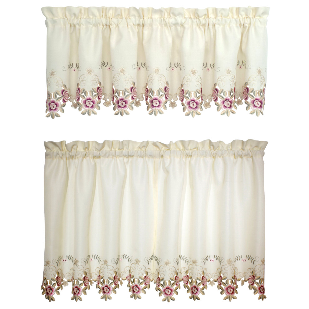 Today's Curtain Verona Reverse Embroidery Tier  30""  Ecru/Rose-image-OPC-PFNSQ6F-NEW