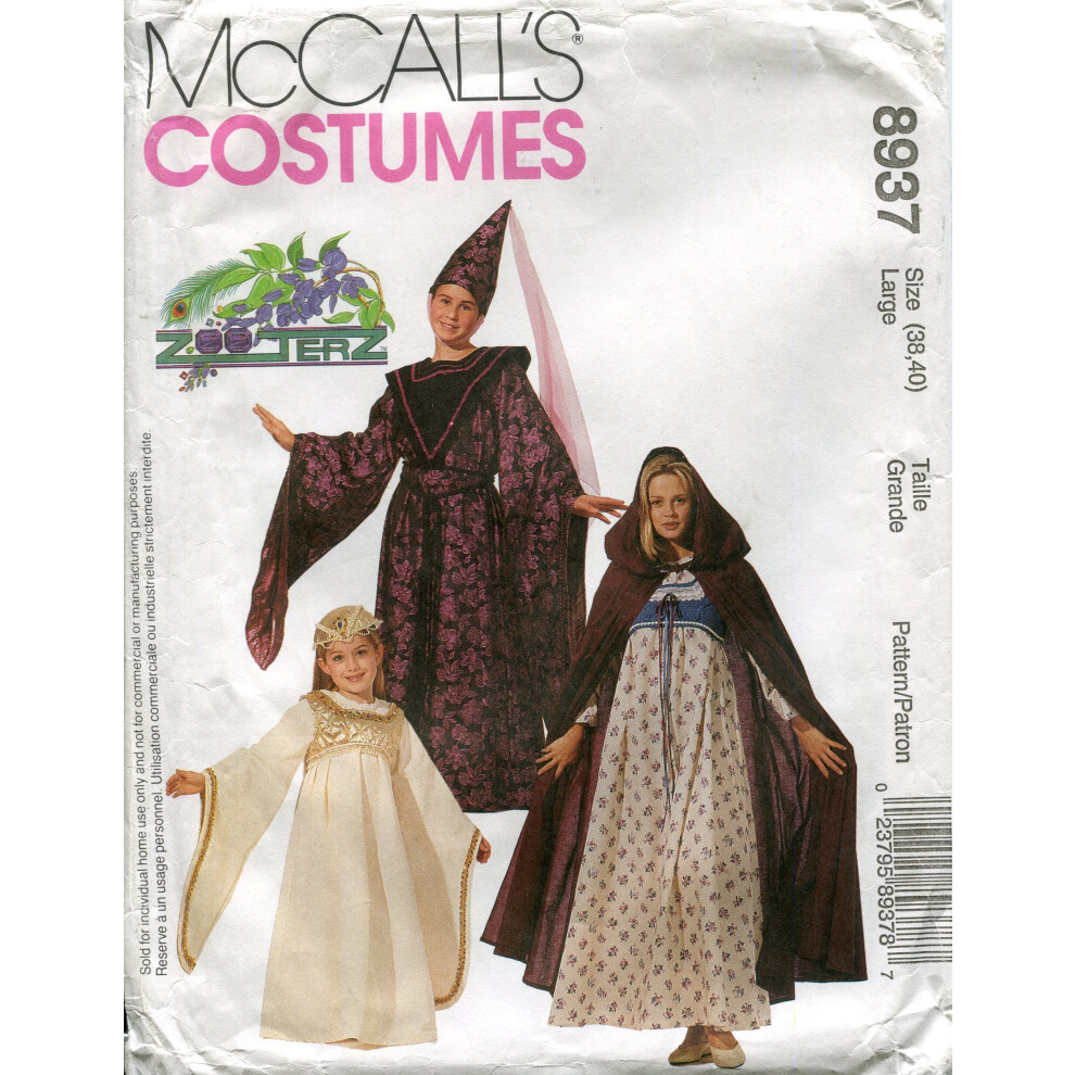Patron de costumes McCall's 8937 ~ Costumes m   di   vaux pour femme, taille L (buste 38-40)
