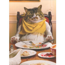 Dikke kat slaapt aan tafel Druk op Grappige kat Thanksgiving-kaart