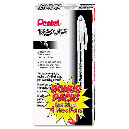 Pentel Pentel BK91ASWUS R.S.V.P. Στυλό Μπάλα, 1mm, Διαφανής Σώμα, Μαύρη Μελάνη, 24/Συσκευασία 1