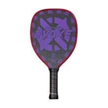 Onix Graphite Evoke Tear Drop Pickleball Paddle heeft een traanvormige polypropyleen kern en een paars grafiet oppervlak